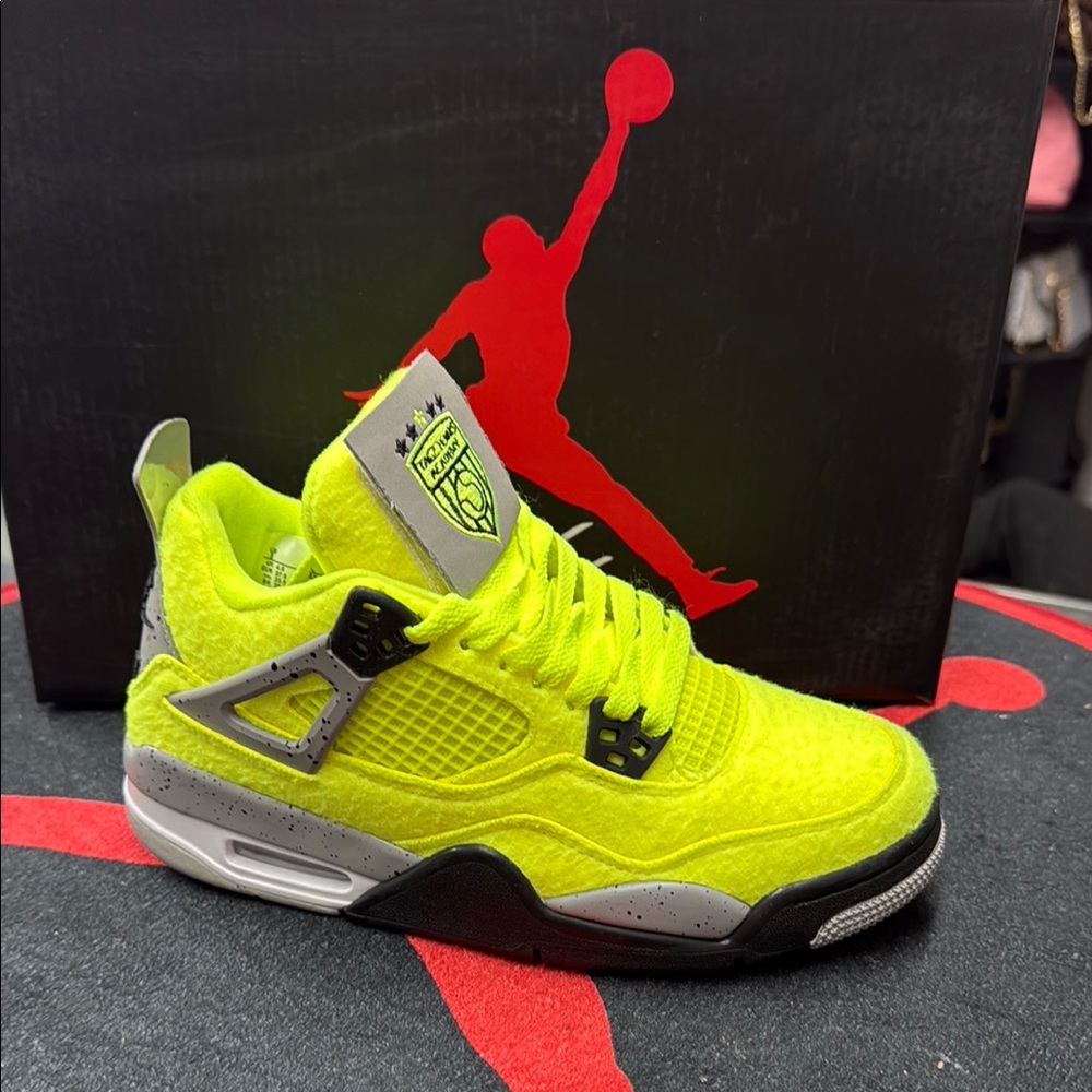 Jordan 4 Tennis Ball Neon Yellow Sneakers with Gray Accents